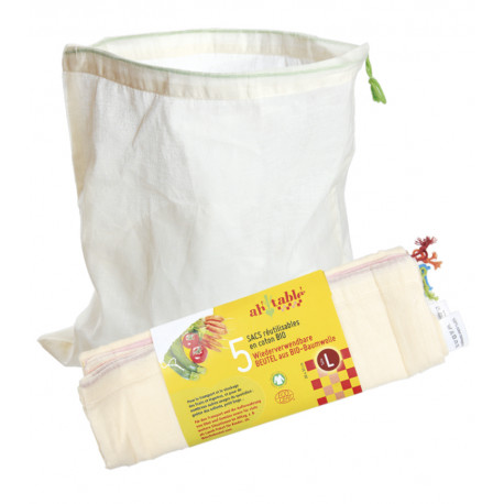 Sacos reutilizáveis de algodão para alimentos com etiqueta amarela e fecho de cordão verde.