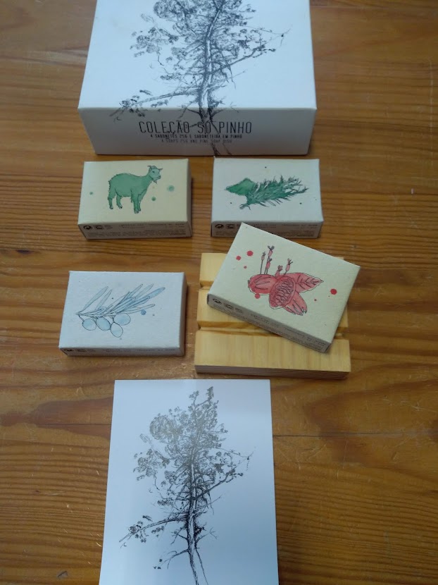 Conjunto de sabonetes artesanais com ilustrações de animais e plantas sobre superfície de madeira.