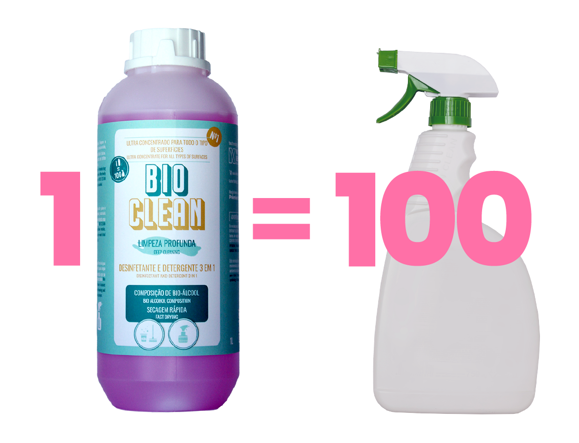 Duas garrafas para limpeza, uma roxa com rótulo e outra branca com spray