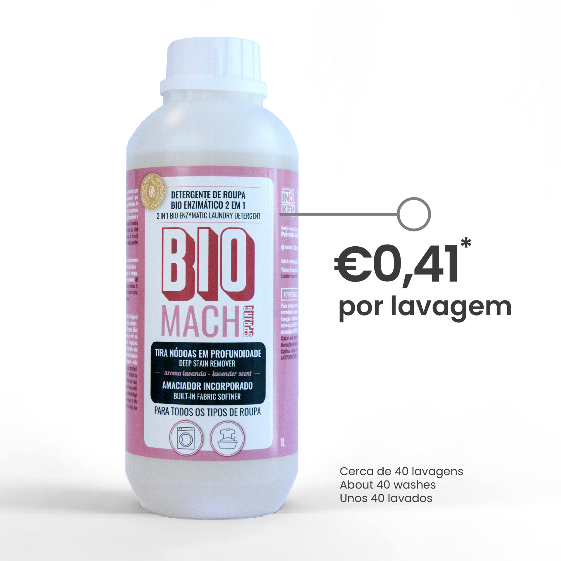 frasco branco de detergente BIO MACH Pink para roupa com etiqueta rosa e branca