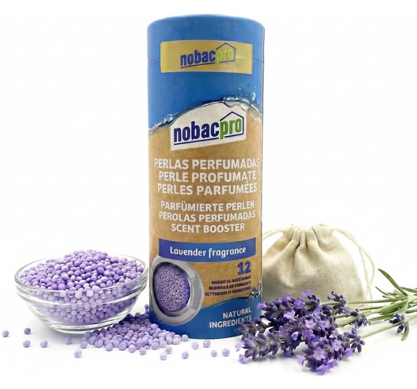 Perlas perfumadas Nobac Pro fragrância lavanda com taça, saco de tecido e flores de lavanda