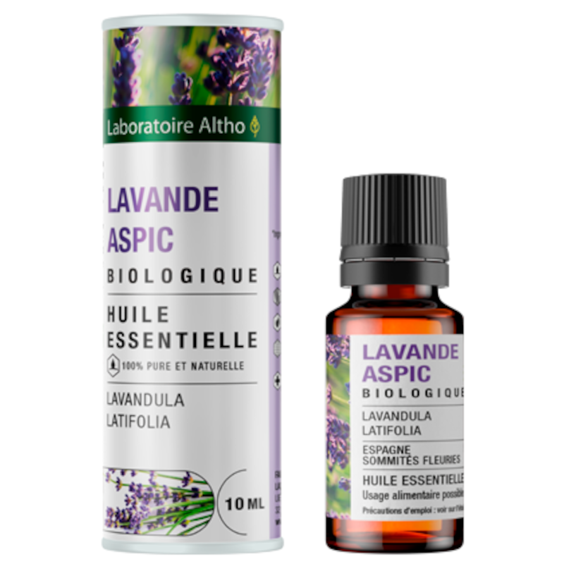 Frasco de óleo essencial de lavanda aspic e embalagem cilíndrica com flores de lavanda