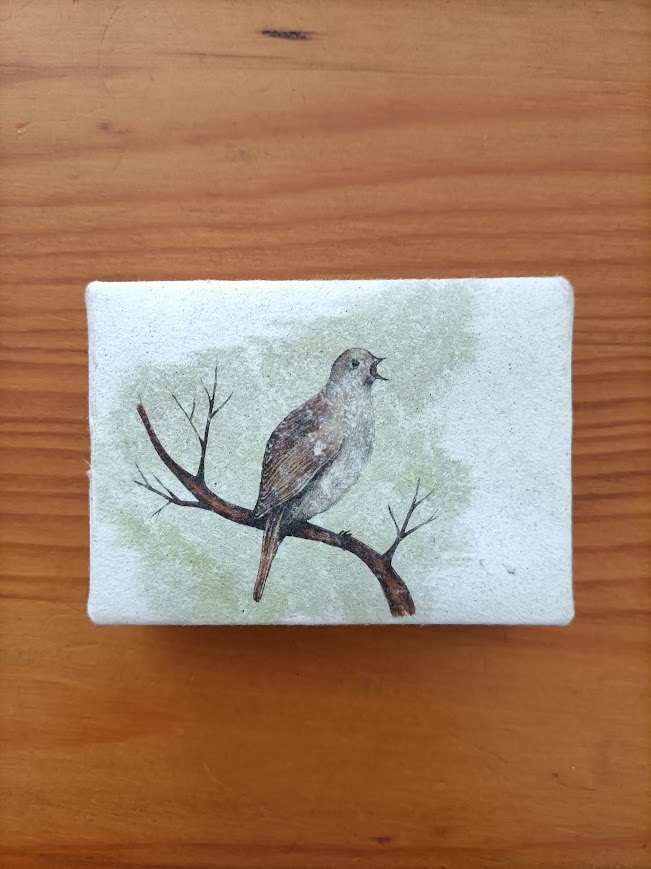 Caixa retangular em madeira pintada de branco com ilustração de pássaro num ramo