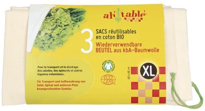 Pacote de 3 sacos reutilizáveis XL em algodão biológico com cordão verde