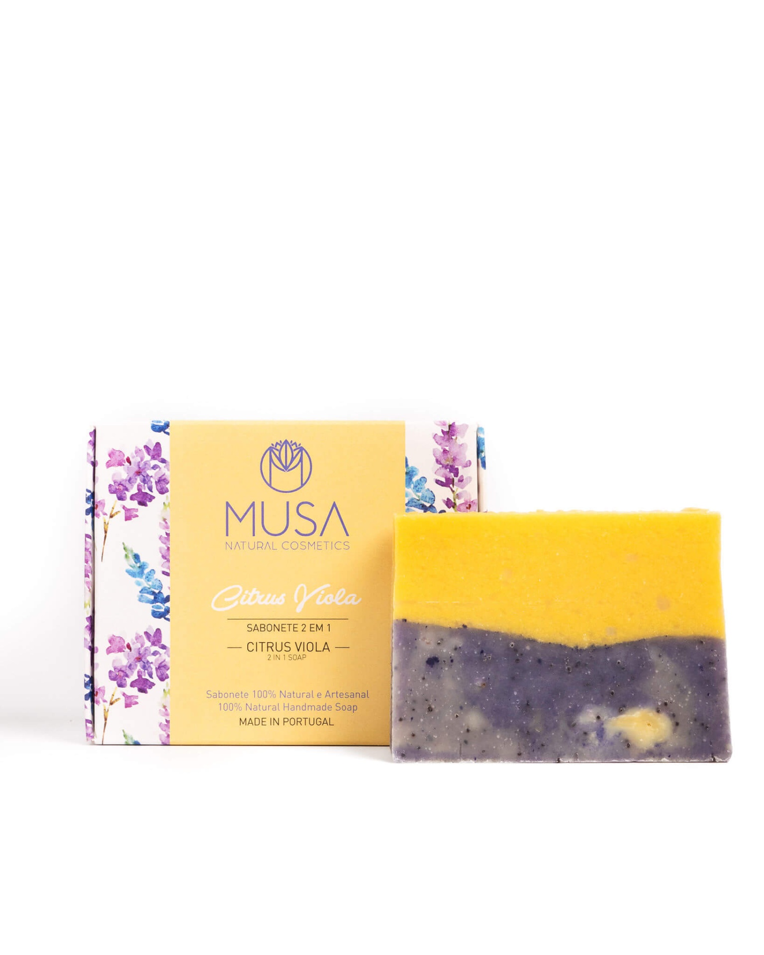 Sabonete 2 em 1 Citrus Viola da MUSA Natural Cosmetics com embalagem floral e sabonete amarelo e cinzento