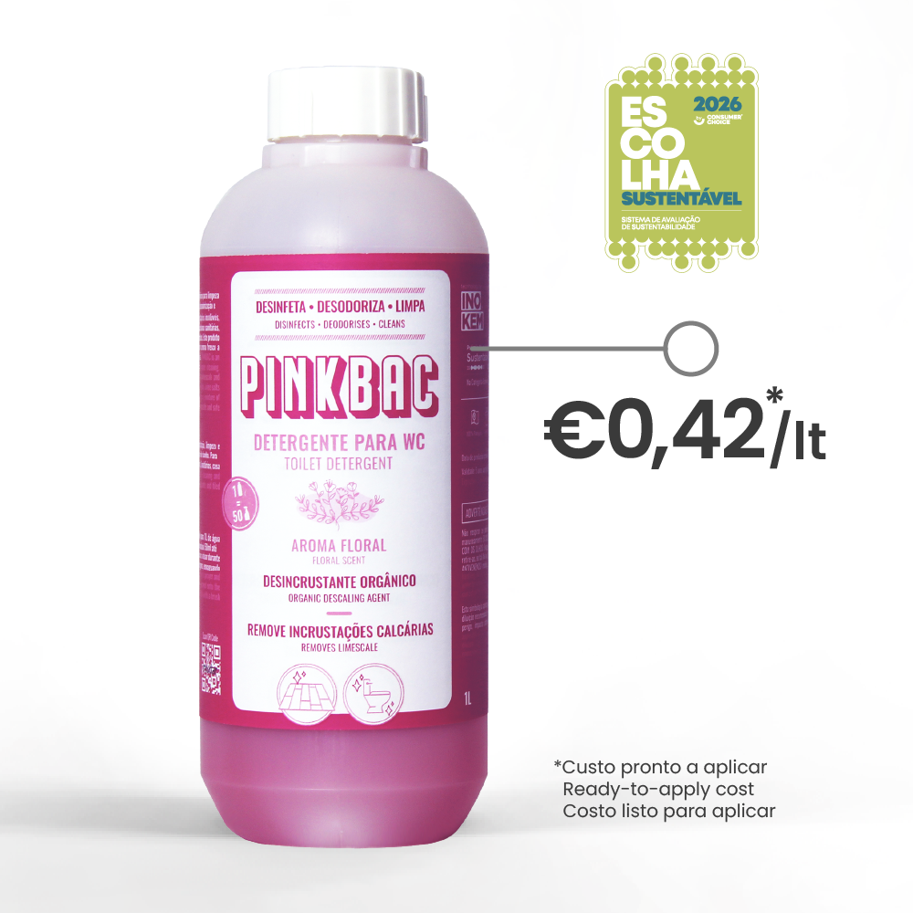Frasco de detergente para WC cor-de-rosa PINKBAC com etiqueta branca e rosa