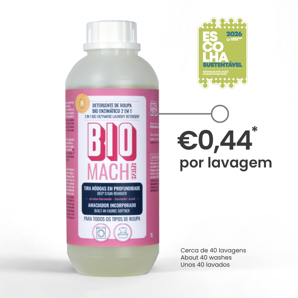 Detergente líquido BIO MACH SPORTS com aroma lavanda em garrafa plástica translúcida com rótulo rosa