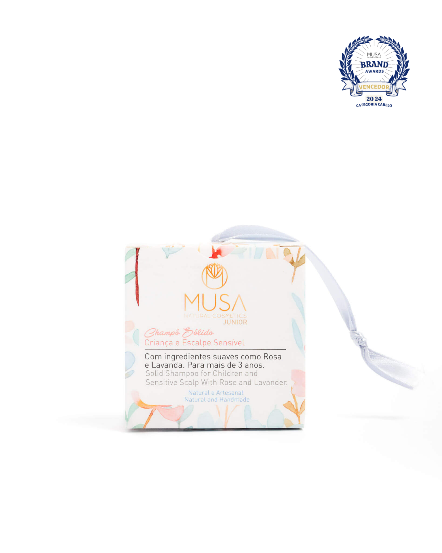 Embalagem de champô sólido para crianças MUSA com padrão floral em fundo branco