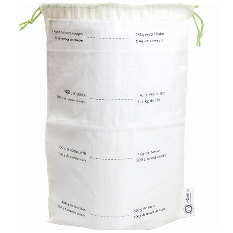 Saco de pano branco com texto impresso e cordão verde claro