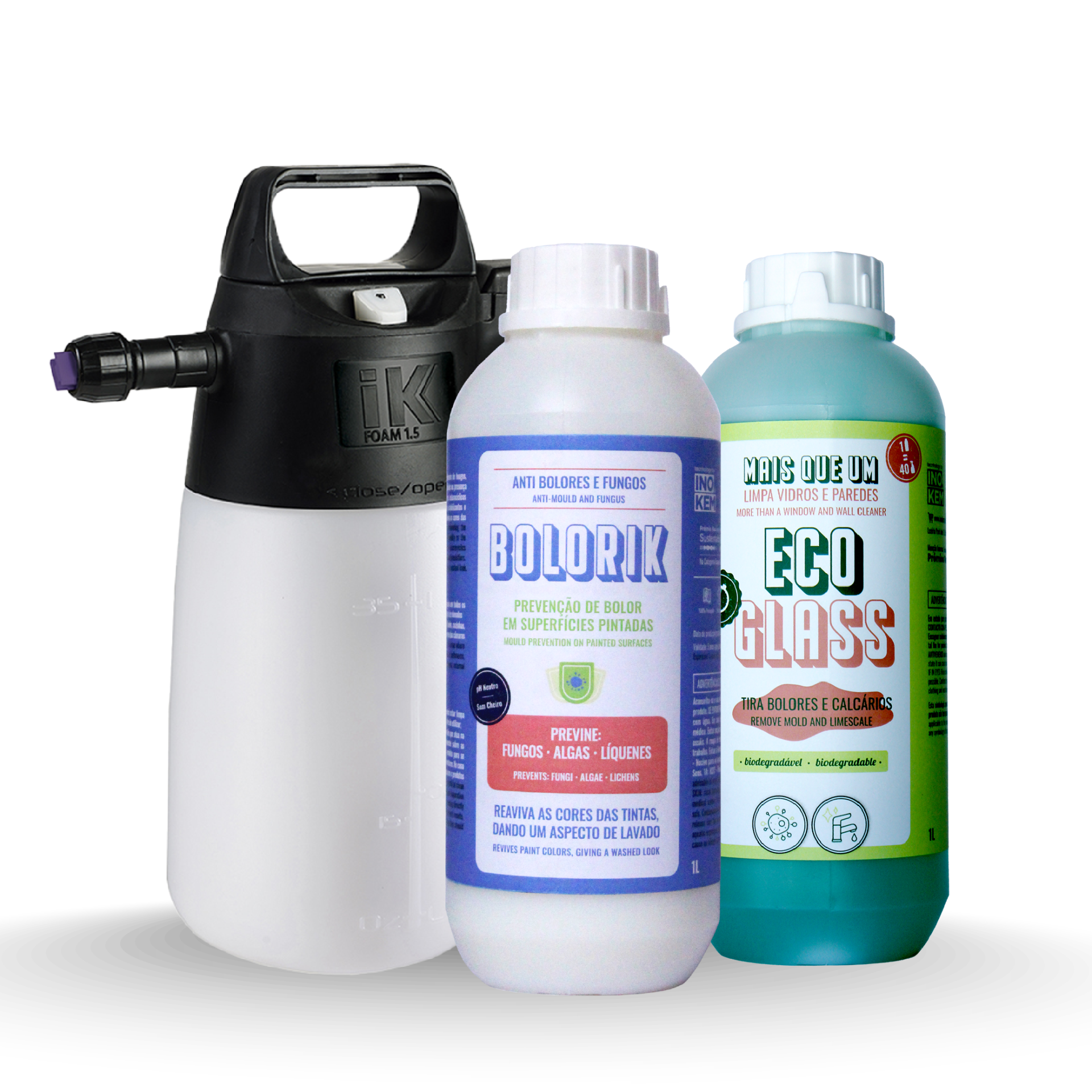 Pulverizador preto e branco com duas garrafas brancas de produtos químicos BOLOKIK e ECO GLASS