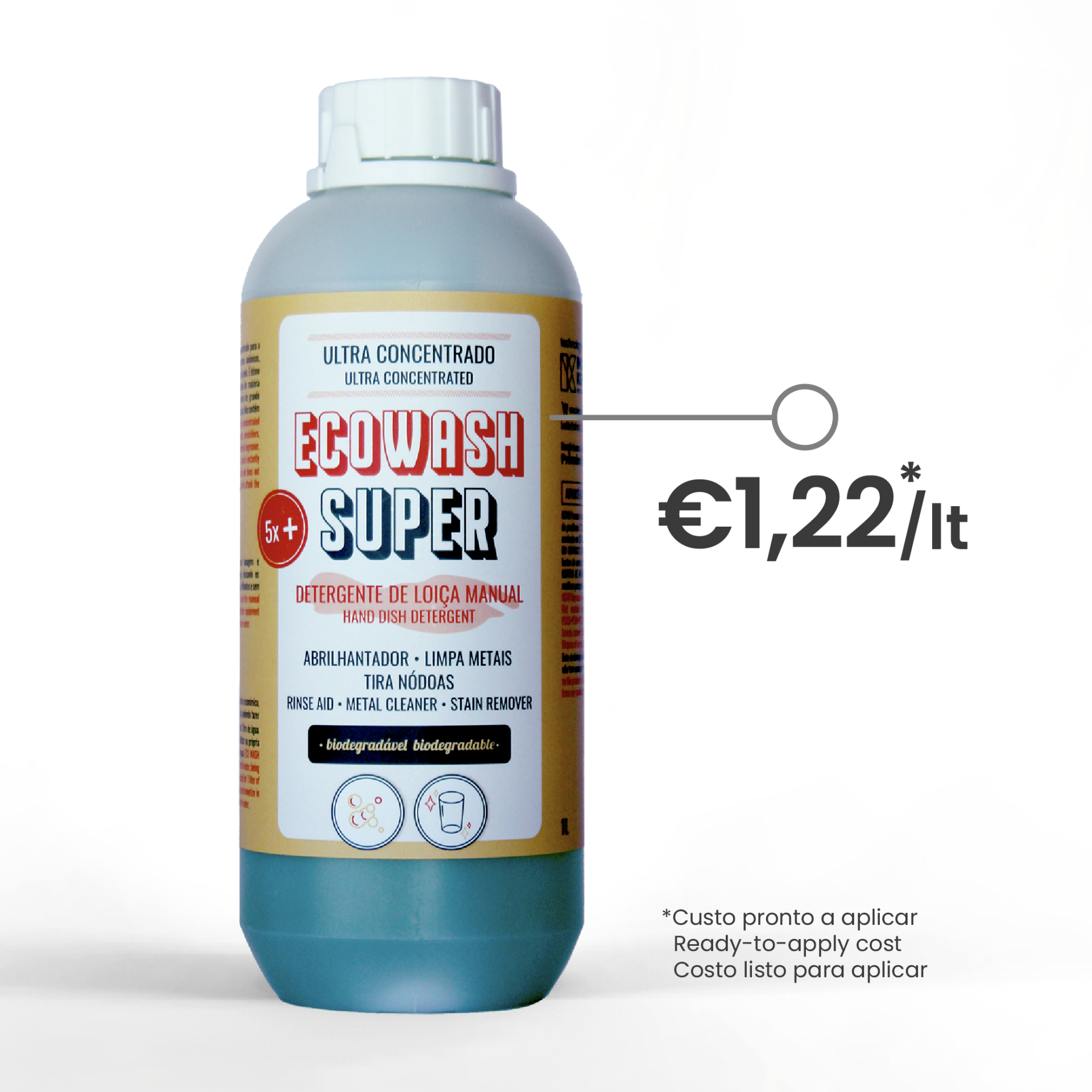 Frasco de detergente Ecowash Super com rótulo branco e amarelo