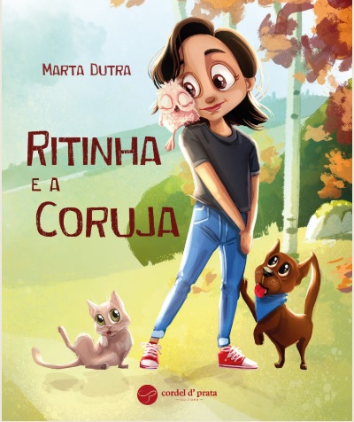 Capa de livro ilustrada com menina, coruja, gato e cão em ambiente natural
