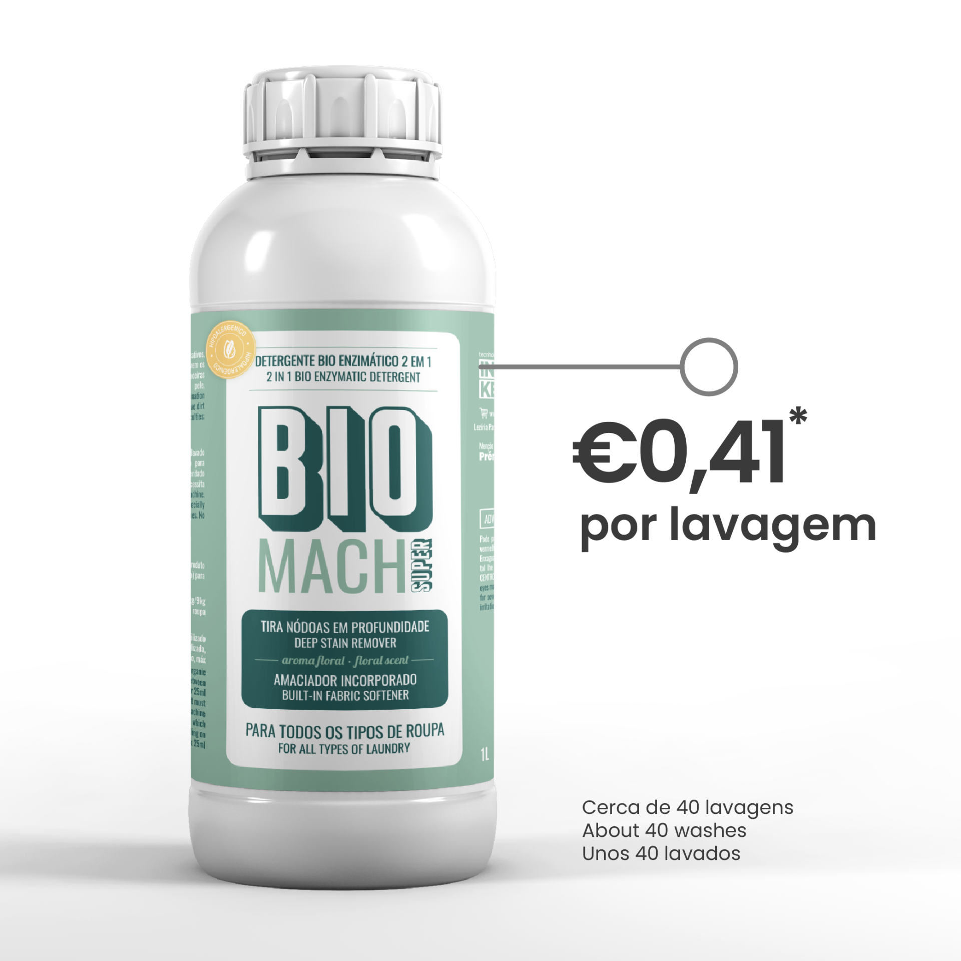 Frasco de detergente líquido BIO MACH com rótulo verde e branco e tampa branca