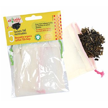Pacote de 3 saquinhos reutilizáveis em algodão orgânico para chá, transparentes com cordão rosa, erva de chá solta ao lado