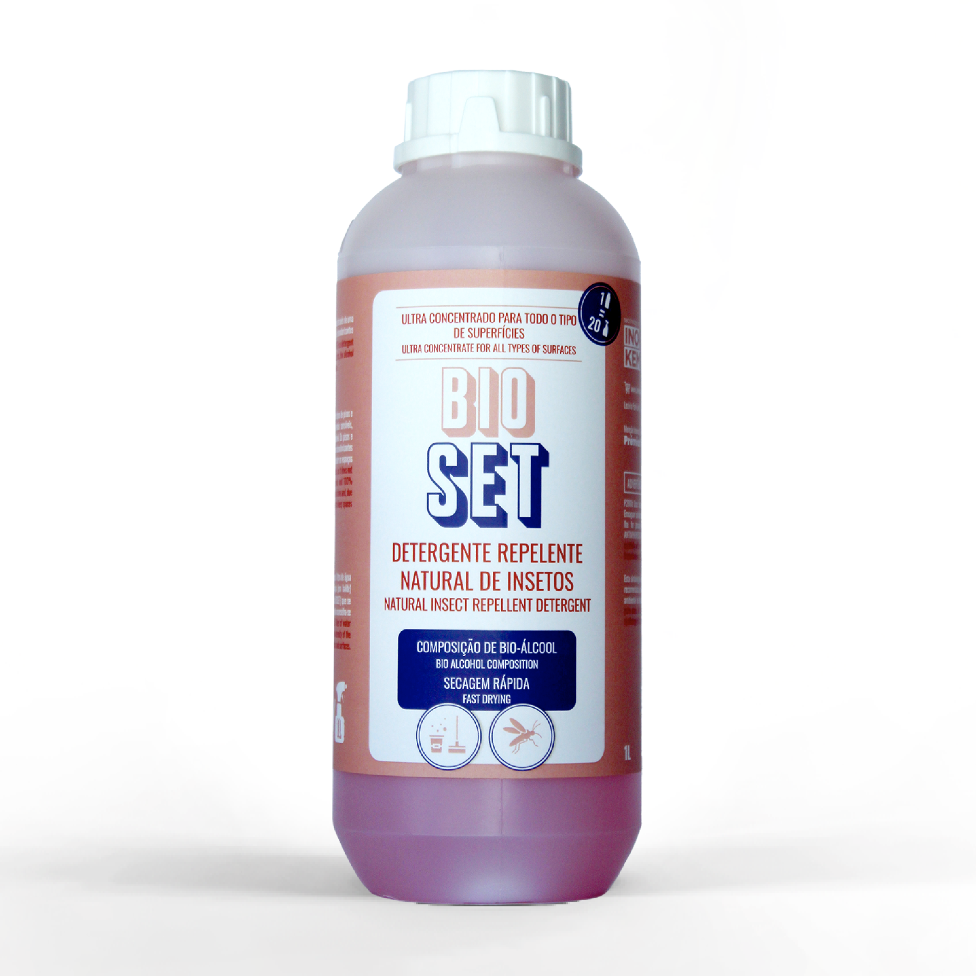 Frasco plástico rosa de detergente repelente natural de insetos com etiqueta branca, laranja e azul