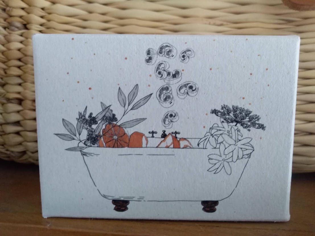 Caixa branca com ilustração de banheira e plantas em preto e laranja