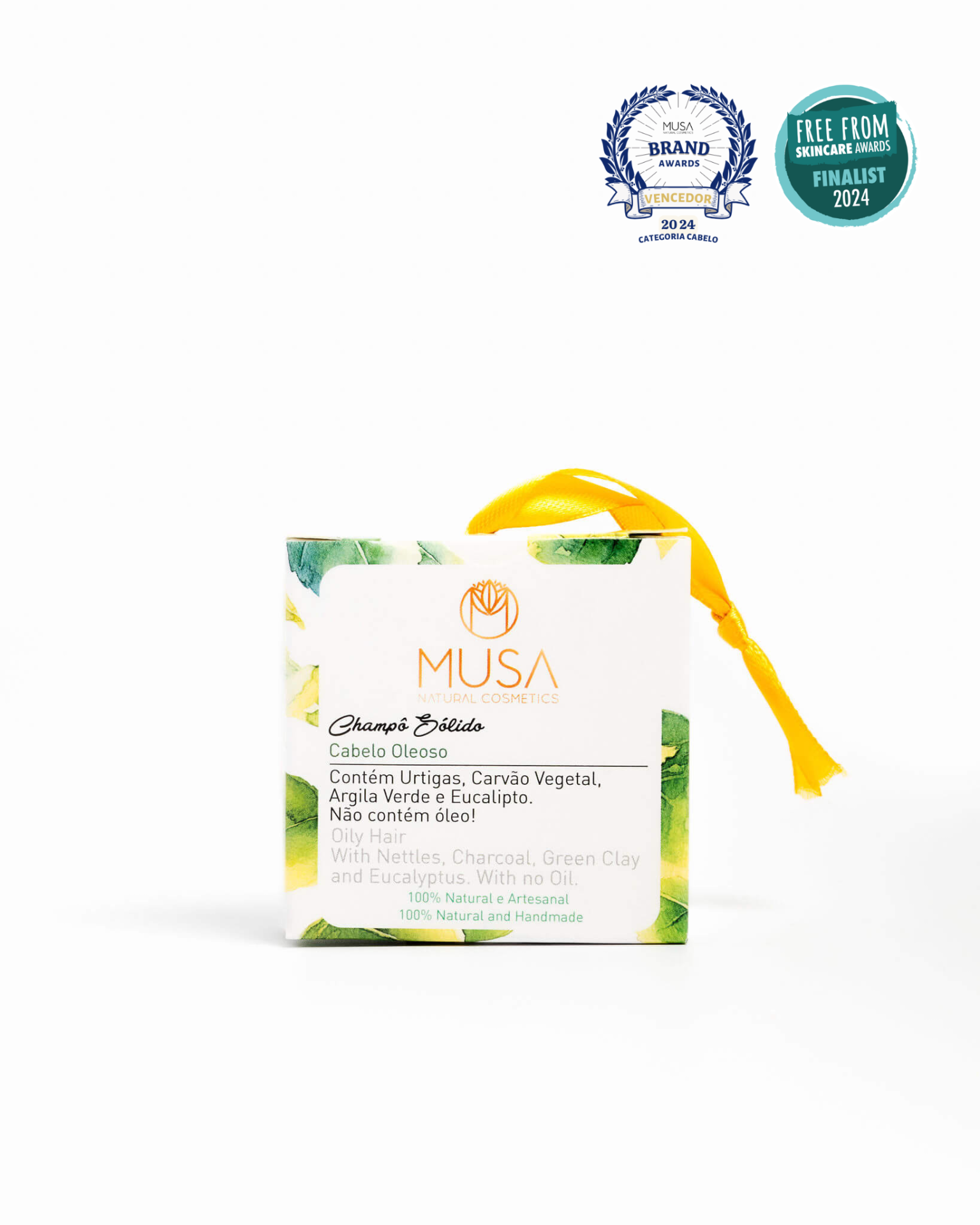 Embalagem de champô sólido MUSA Natural Cosmetics com selo prémio 2024