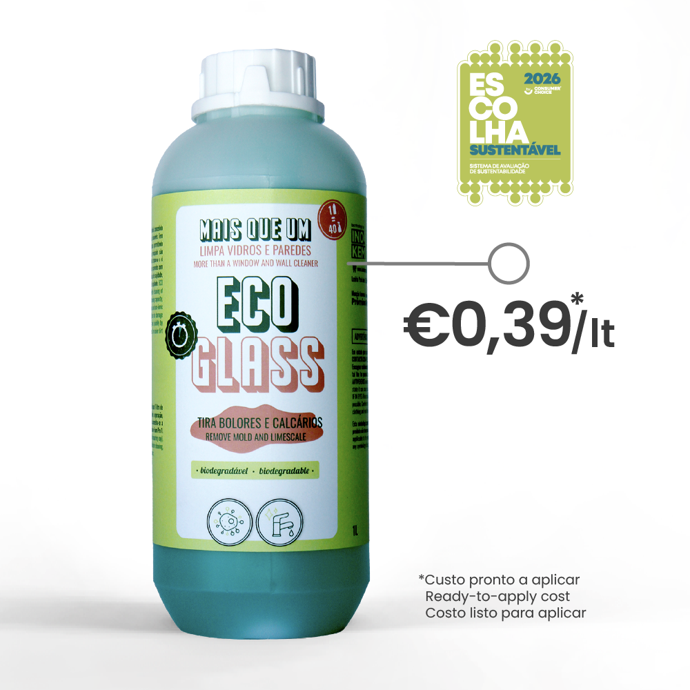 frasco de produto de limpeza eco glass para vidros e paredes com selo escolha sustentável