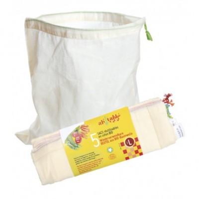 Sacos reutilizáveis de algodão para alimentos com etiqueta amarela e fecho de cordão verde.