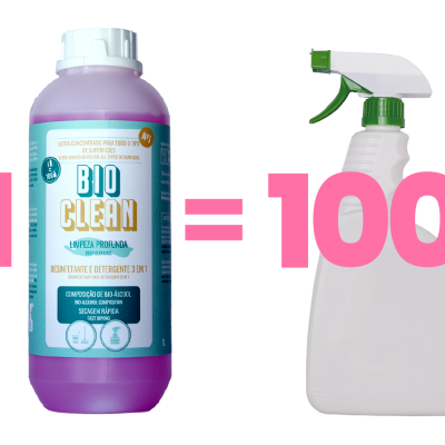 Duas garrafas para limpeza, uma roxa com rótulo e outra branca com spray