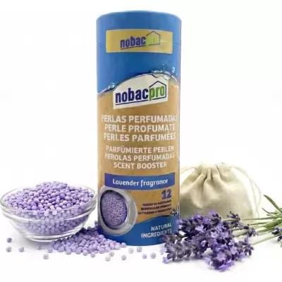 Perlas perfumadas Nobac Pro fragrância lavanda com taça, saco de tecido e flores de lavanda