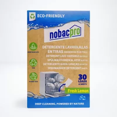 Embalagem azul e castanha de detergente para máquina de lavar louça Nobacpro com texto e ícones verdes ecologicamente amigáveis