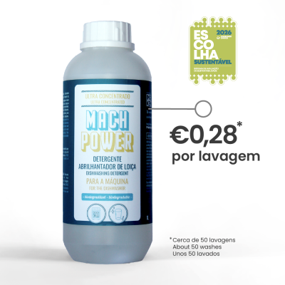 Frasco de detergente abrillantador de loiça Mach Power para máquina com selo sustentável e preço por lavagem