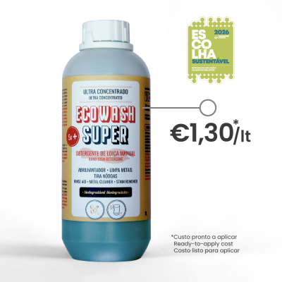 Detergente concentrado ECO WASH SUPER para loiça, frasco azul com etiqueta clara