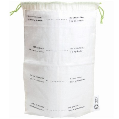 Saco de pano branco com texto impresso e cordão verde claro