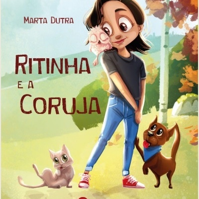 Capa de livro ilustrada com menina, coruja, gato e cão em ambiente natural