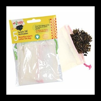 Pacote de 3 saquinhos reutilizáveis em algodão orgânico para chá, transparentes com cordão rosa, erva de chá solta ao lado