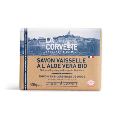 Sabão loiça La Corvette com aloe vera em embalagem castanha e azul