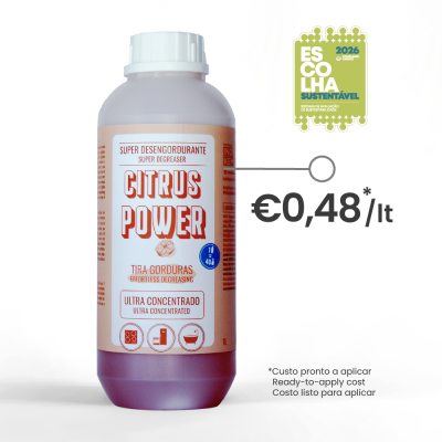 Garrafa de plástico roxa com rótulo de desengordurante Citrus Power e selo sustentável
