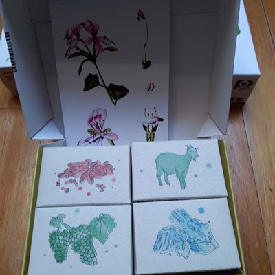 Caixa aberta com quatro sabonetes ilustrados e imagem floral no interior da tampa.