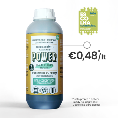 Frasco de desengordurante biodegradável POWER com etiqueta amarela verde e branca