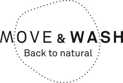 Logótipo MOVE & WASH com o slogan Back to natural dentro de um contorno pontilhado