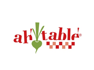 Logótipo ah'table! com rábano verde e padrão de quadrados vermelhos