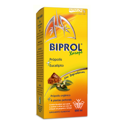 Xarope de Própolis e Eucalípto Embalagem amarela e laranja de xarope BIPROL com texto e imagem de própolis