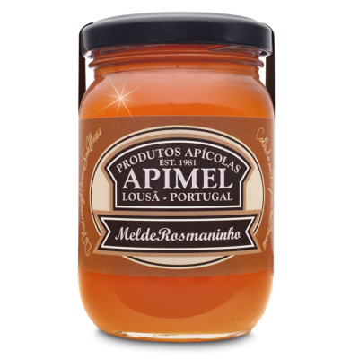 Frasco de mel Apimel Mel de Rosmaninho com rótulo marrom e tampo preto