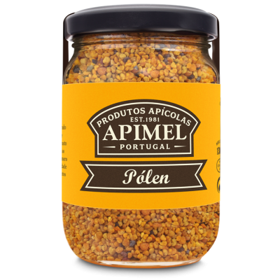 Frasco de vidro com pólen e rótulo amarelo da marca Apimel