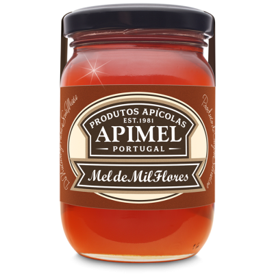 Frasco de vidro de mel com rótulo castanho e tampa preta