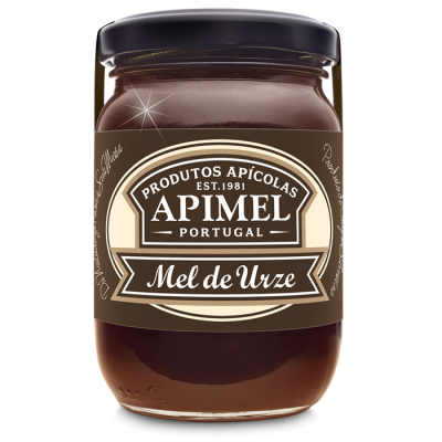 Frasco de Mel de Urze Apimel Portugal com rótulo castanho e bege