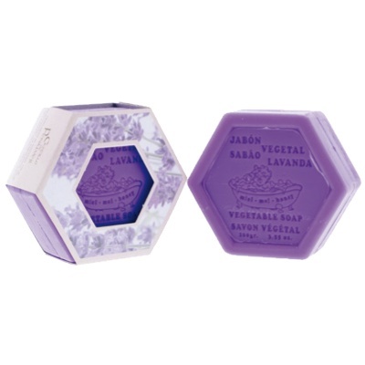 Sabonete hexagonal roxo com embalagem floral lilás