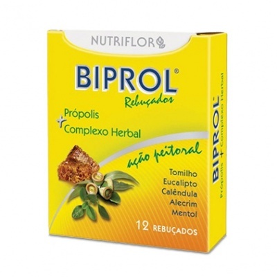 Embalagem amarela de rebuçados BIPROL com própolis e complexo herbal