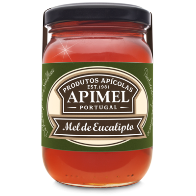 Frasco de mel de eucalipto Apimel com etiqueta verde e tampa preta