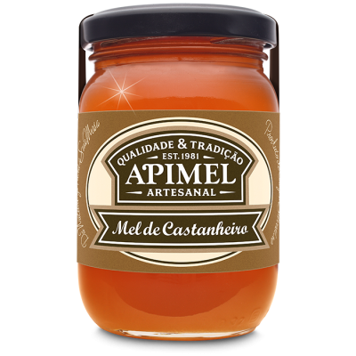 Frasco de mel de castanheiro Apimel com rótulo castanho e bege