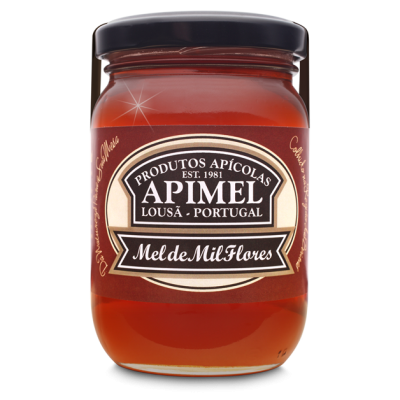Frasco de mel APIMEL Mel de Mil Flores com rótulo preto e dourado