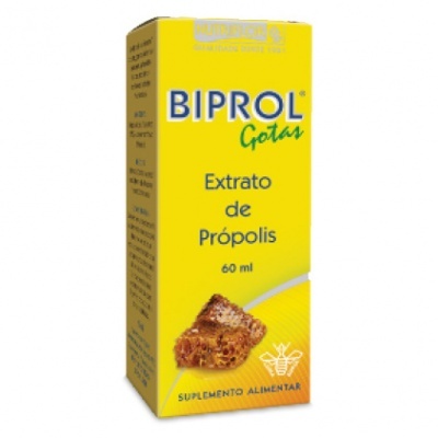 Embalagem amarela de suplemento alimentar BIPROL Gotas extrato de própolis 60 ml