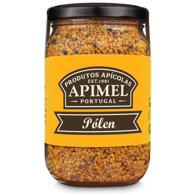 Pote de vidro com pólen e rótulo amarelo Apimel Portugal