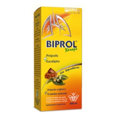 Embalagem amarela e laranja de xarope BIPROL com texto e imagem de própolis